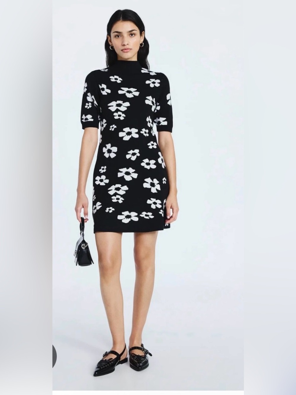 NWT Scoop Black White Floral Knit Short-Sleeve Dress XS